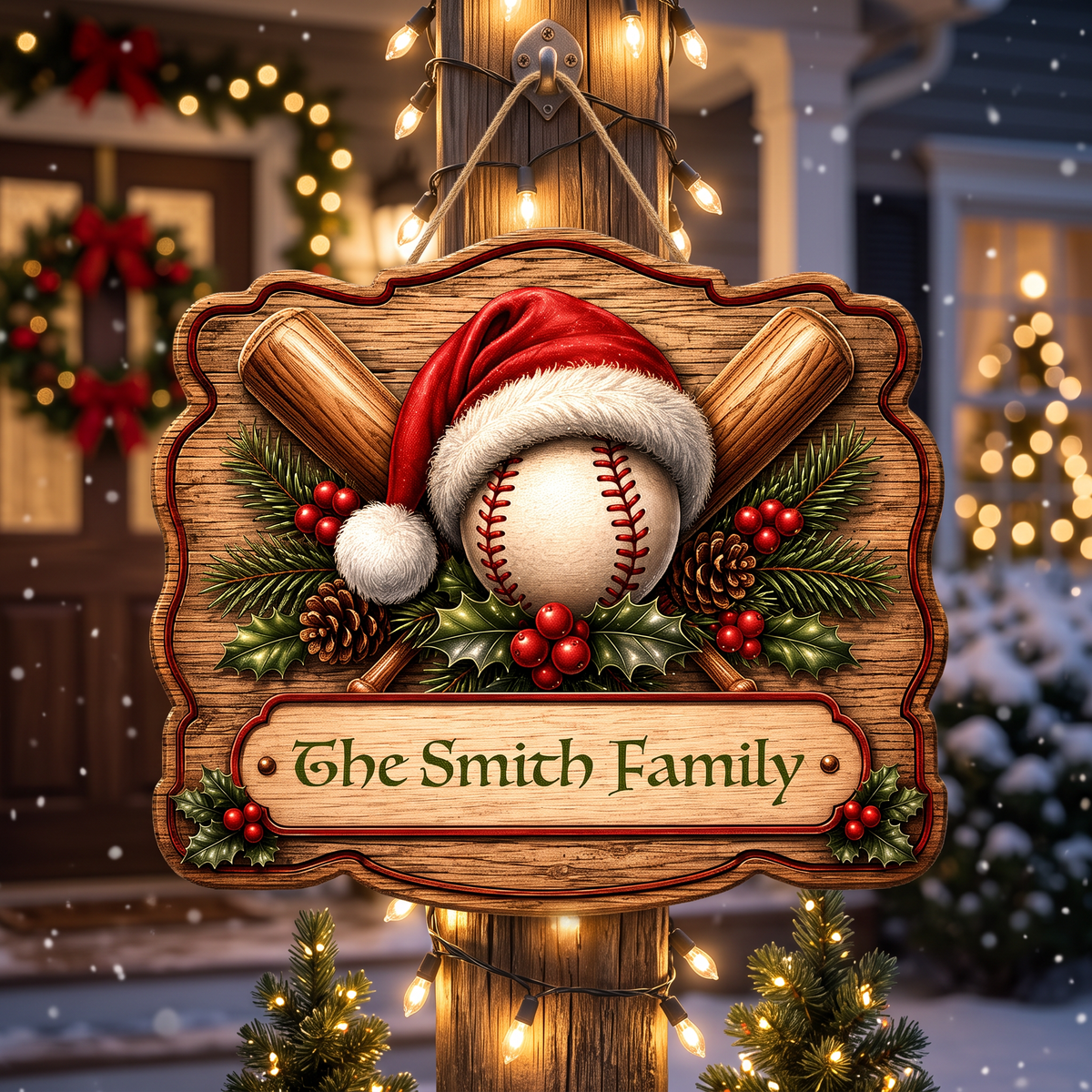 Personalized Christmas Baseball Santa Hat Custom Shape Wood Sign, Custom Family Name Crossed Baseball Bats Wooden Hanging Plaque, Sports Lover Holiday Door & Wall Decor Family Gift