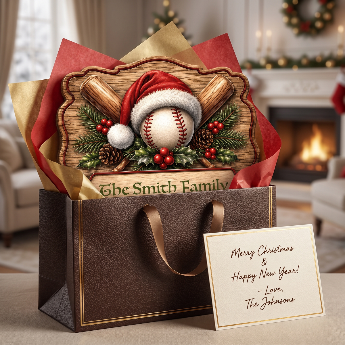 Personalized Christmas Baseball Santa Hat Custom Shape Wood Sign, Custom Family Name Crossed Baseball Bats Wooden Hanging Plaque, Sports Lover Holiday Door & Wall Decor Family Gift