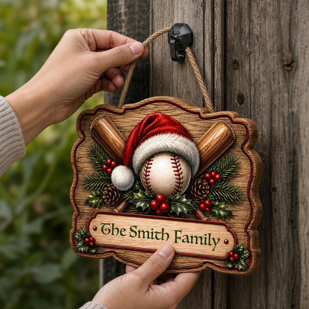 Personalized Christmas Baseball Santa Hat Custom Shape Wood Sign, Custom Family Name Crossed Baseball Bats Wooden Hanging Plaque, Sports Lover Holiday Door & Wall Decor Family Gift