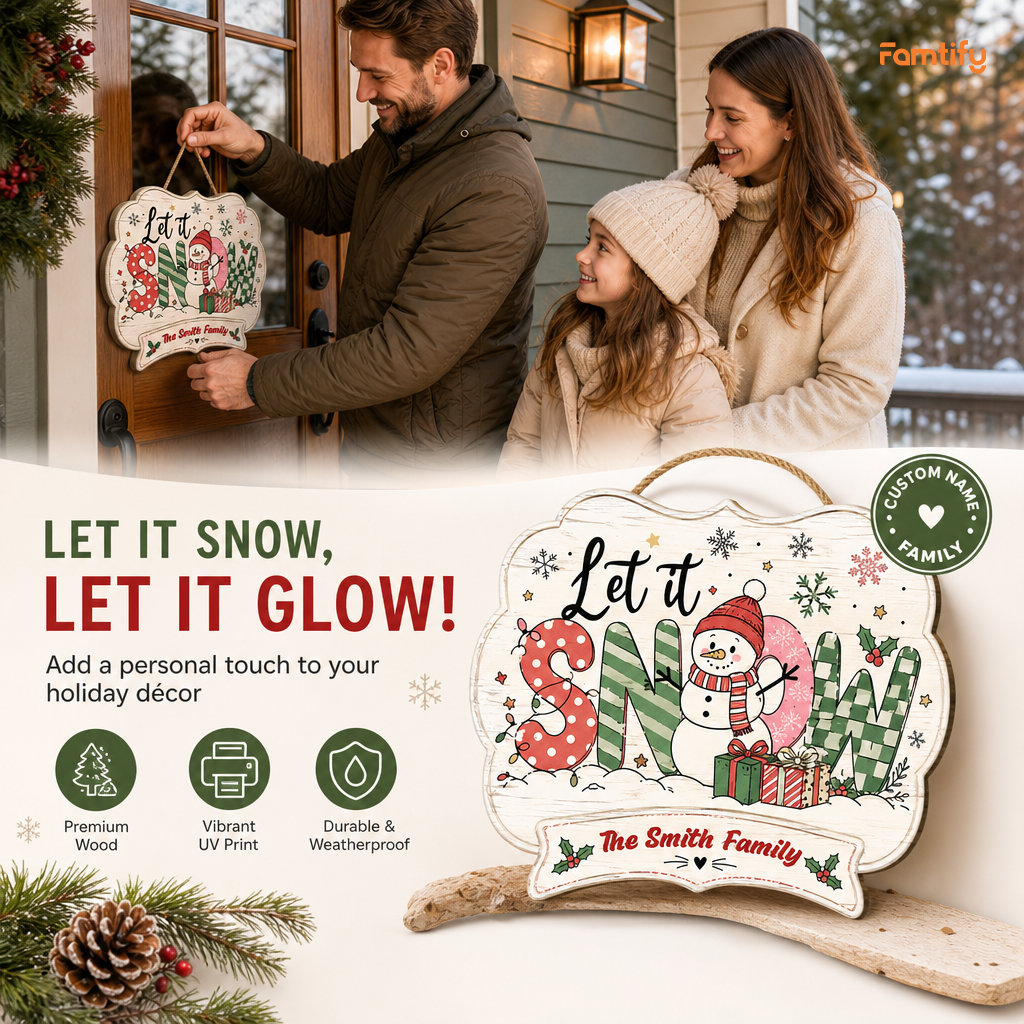 Personalized Let It Snow Snowman Custom Shape Wood Sign, Custom Family Name Winter Snowman Wooden Hanging Plaque, Festive Holiday Door & Wall Decor Family Gift