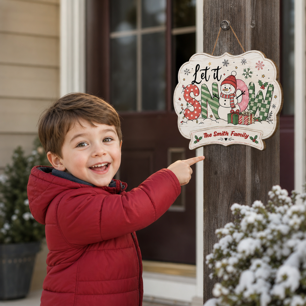 Personalized Let It Snow Snowman Custom Shape Wood Sign, Custom Family Name Winter Snowman Wooden Hanging Plaque, Festive Holiday Door & Wall Decor Family Gift
