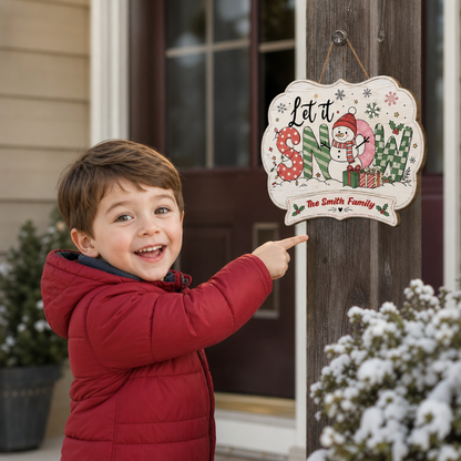 Personalized Let It Snow Snowman Custom Shape Wood Sign, Custom Family Name Winter Snowman Wooden Hanging Plaque, Festive Holiday Door & Wall Decor Family Gift