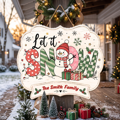 Personalized Let It Snow Snowman Custom Shape Wood Sign, Custom Family Name Winter Snowman Wooden Hanging Plaque, Festive Holiday Door & Wall Decor Family Gift