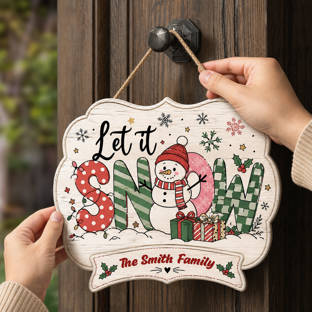 Personalized Let It Snow Snowman Custom Shape Wood Sign, Custom Family Name Winter Snowman Wooden Hanging Plaque, Festive Holiday Door & Wall Decor Family Gift