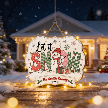 Personalized Let It Snow Snowman Custom Shape Wood Sign, Custom Family Name Winter Snowman Wooden Hanging Plaque, Festive Holiday Door & Wall Decor Family Gift