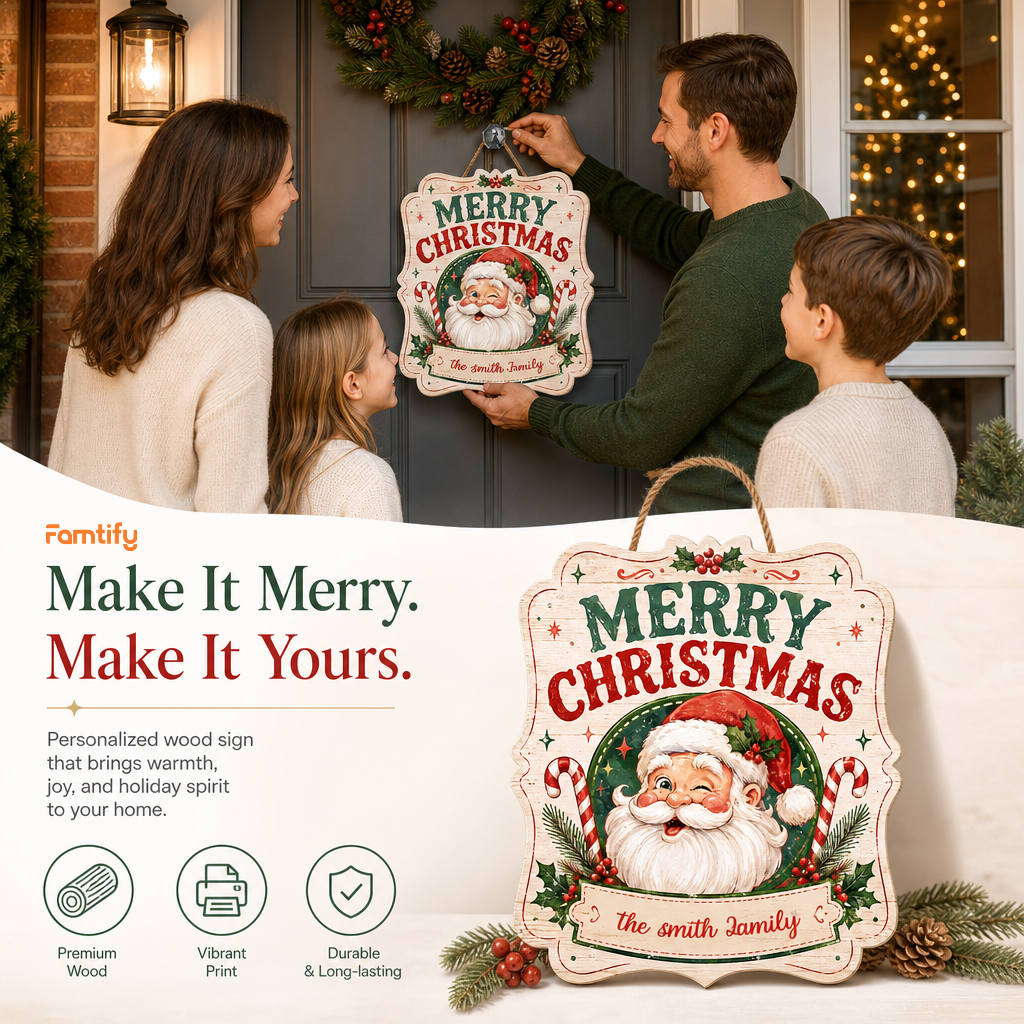 Personalized Vintage Winking Santa Merry Christmas Custom Shape Wood Sign, Custom Family Name Candy Cane Wooden Hanging Plaque, Classic Holiday Door & Wall Decor Family Gift