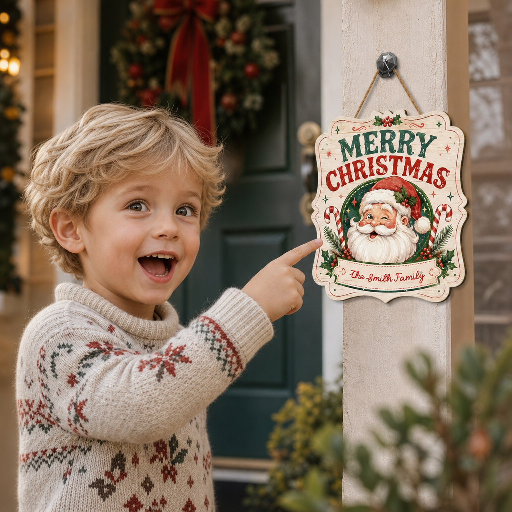 Personalized Vintage Winking Santa Merry Christmas Custom Shape Wood Sign, Custom Family Name Candy Cane Wooden Hanging Plaque, Classic Holiday Door & Wall Decor Family Gift
