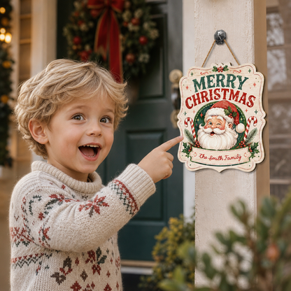 Personalized Vintage Winking Santa Merry Christmas Custom Shape Wood Sign, Custom Family Name Candy Cane Wooden Hanging Plaque, Classic Holiday Door & Wall Decor Family Gift