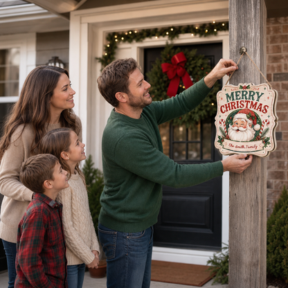 Personalized Vintage Winking Santa Merry Christmas Custom Shape Wood Sign, Custom Family Name Candy Cane Wooden Hanging Plaque, Classic Holiday Door & Wall Decor Family Gift