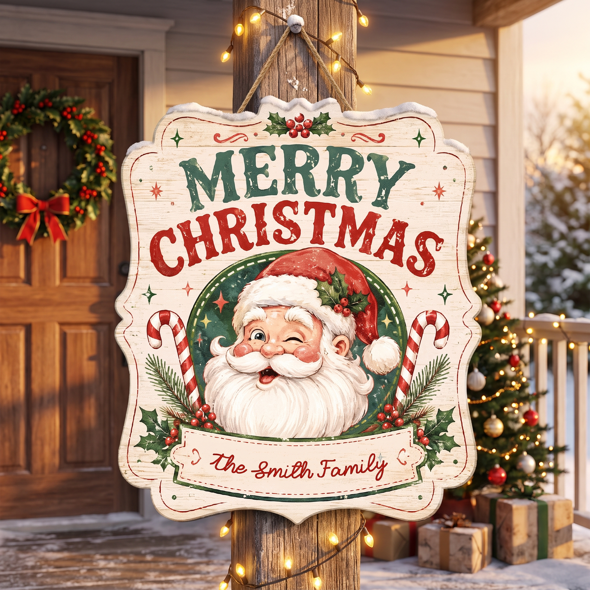 Personalized Vintage Winking Santa Merry Christmas Custom Shape Wood Sign, Custom Family Name Candy Cane Wooden Hanging Plaque, Classic Holiday Door & Wall Decor Family Gift