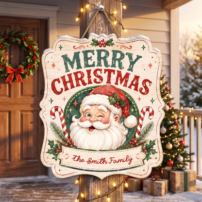 Personalized Vintage Winking Santa Merry Christmas Custom Shape Wood Sign, Custom Family Name Candy Cane Wooden Hanging Plaque, Classic Holiday Door & Wall Decor Family Gift