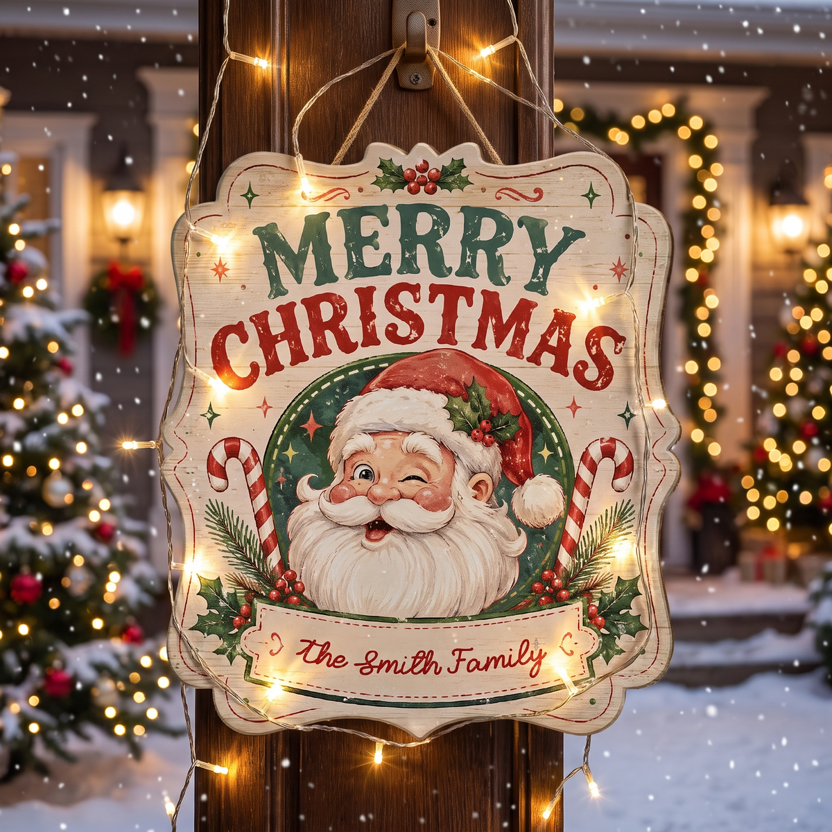 Personalized Vintage Winking Santa Merry Christmas Custom Shape Wood Sign, Custom Family Name Candy Cane Wooden Hanging Plaque, Classic Holiday Door & Wall Decor Family Gift
