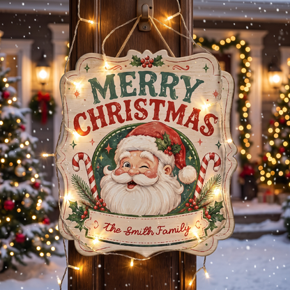 Personalized Vintage Winking Santa Merry Christmas Custom Shape Wood Sign, Custom Family Name Candy Cane Wooden Hanging Plaque, Classic Holiday Door & Wall Decor Family Gift