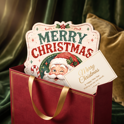 Personalized Vintage Winking Santa Merry Christmas Custom Shape Wood Sign, Custom Family Name Candy Cane Wooden Hanging Plaque, Classic Holiday Door & Wall Decor Family Gift