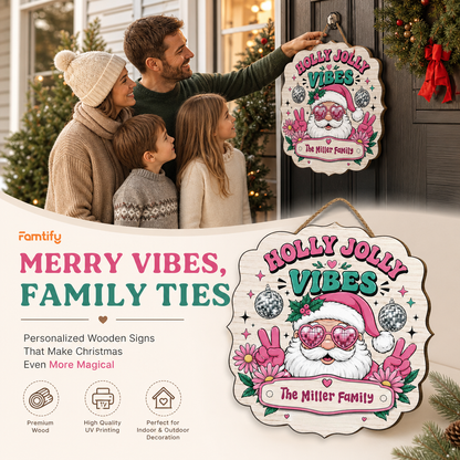 Personalized Holly Jolly Vibes Retro Santa Custom Shape Wood Sign, Custom Family Name Pink Santa Disco Ball Wooden Hanging Plaque, Groovy Christmas Door & Wall Decor Family Gift