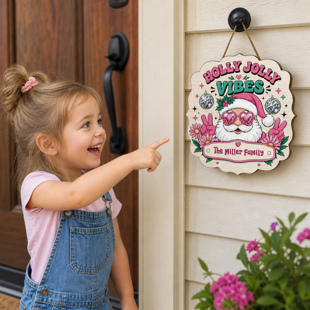 Personalized Holly Jolly Vibes Retro Santa Custom Shape Wood Sign, Custom Family Name Pink Santa Disco Ball Wooden Hanging Plaque, Groovy Christmas Door & Wall Decor Family Gift