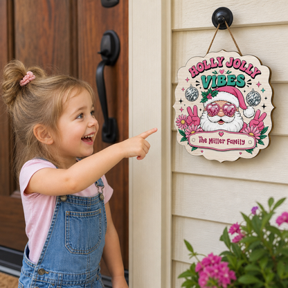 Personalized Holly Jolly Vibes Retro Santa Custom Shape Wood Sign, Custom Family Name Pink Santa Disco Ball Wooden Hanging Plaque, Groovy Christmas Door & Wall Decor Family Gift