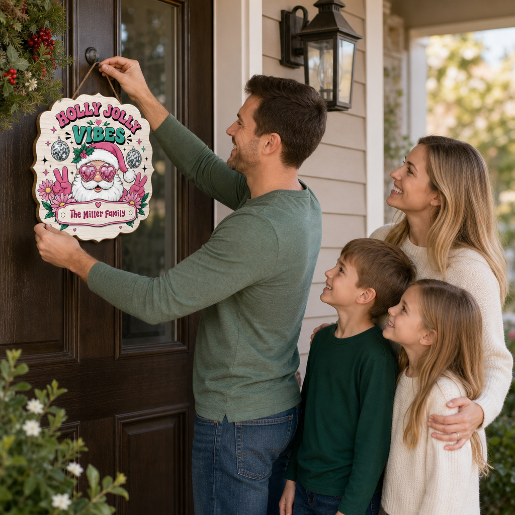 Personalized Holly Jolly Vibes Retro Santa Custom Shape Wood Sign, Custom Family Name Pink Santa Disco Ball Wooden Hanging Plaque, Groovy Christmas Door & Wall Decor Family Gift