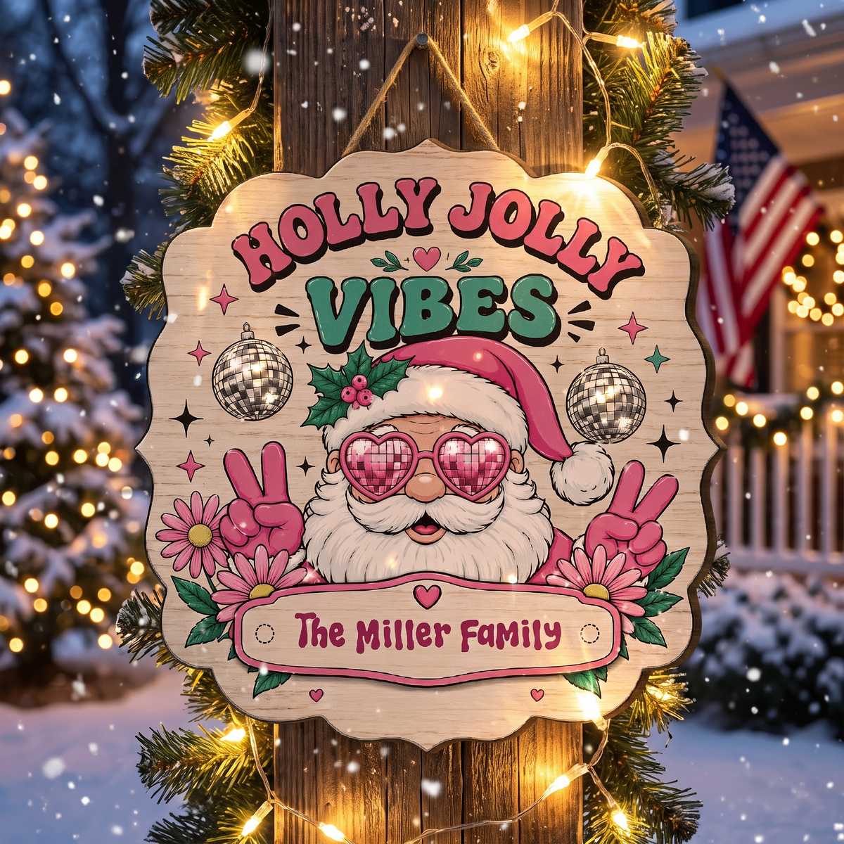 Personalized Holly Jolly Vibes Retro Santa Custom Shape Wood Sign, Custom Family Name Pink Santa Disco Ball Wooden Hanging Plaque, Groovy Christmas Door & Wall Decor Family Gift