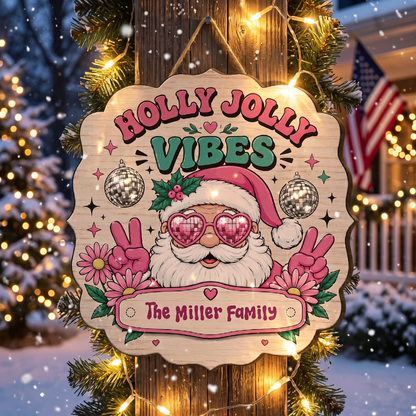 Personalized Holly Jolly Vibes Retro Santa Custom Shape Wood Sign, Custom Family Name Pink Santa Disco Ball Wooden Hanging Plaque, Groovy Christmas Door & Wall Decor Family Gift