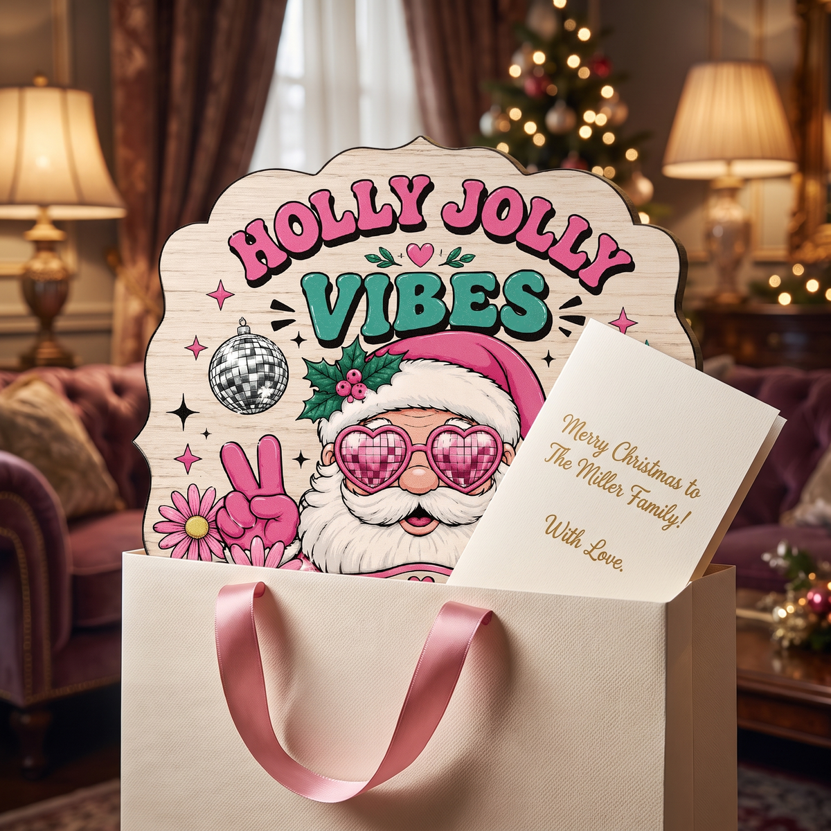 Personalized Holly Jolly Vibes Retro Santa Custom Shape Wood Sign, Custom Family Name Pink Santa Disco Ball Wooden Hanging Plaque, Groovy Christmas Door & Wall Decor Family Gift