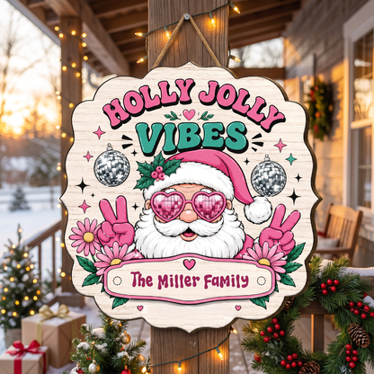 Personalized Holly Jolly Vibes Retro Santa Custom Shape Wood Sign, Custom Family Name Pink Santa Disco Ball Wooden Hanging Plaque, Groovy Christmas Door & Wall Decor Family Gift