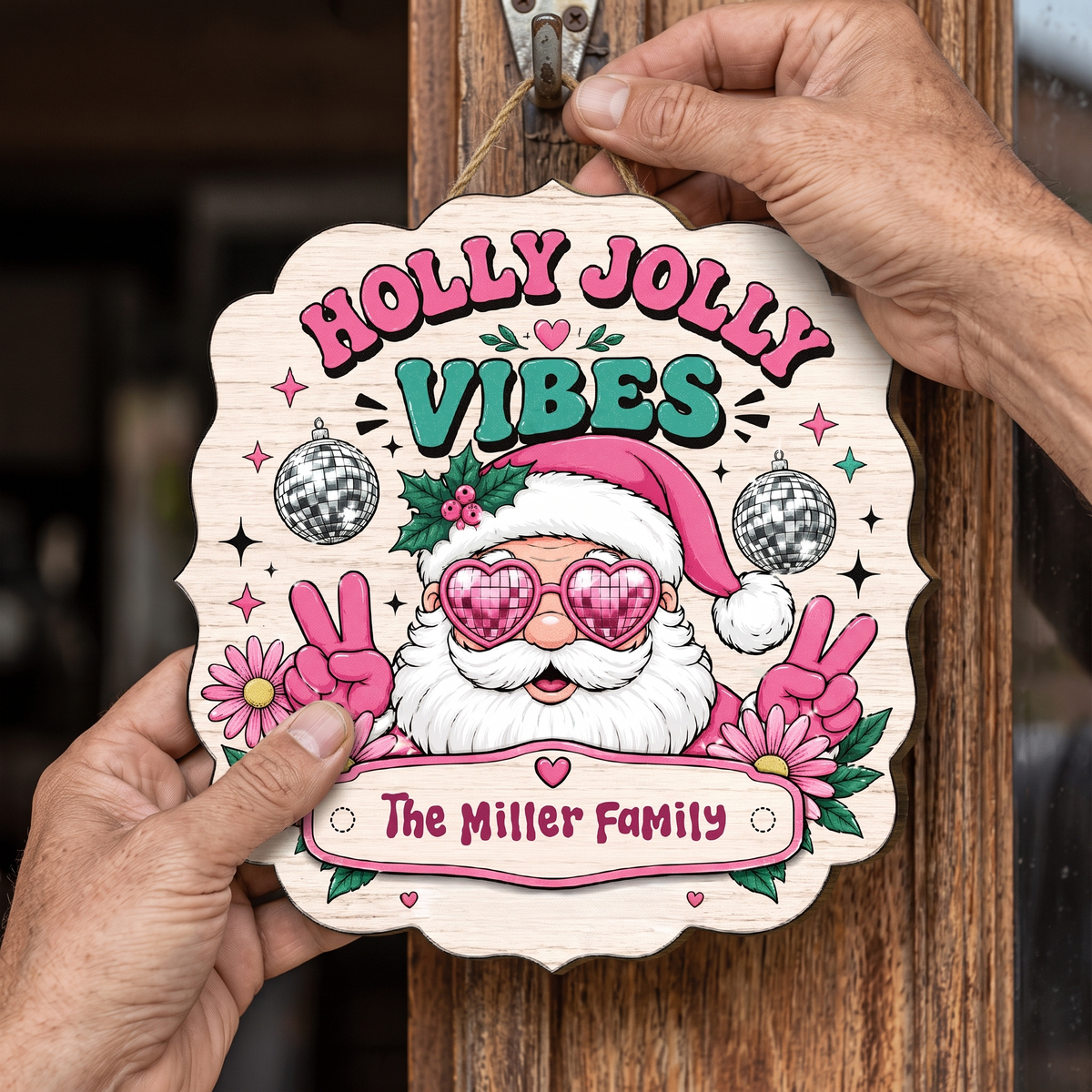 Personalized Holly Jolly Vibes Retro Santa Custom Shape Wood Sign, Custom Family Name Pink Santa Disco Ball Wooden Hanging Plaque, Groovy Christmas Door & Wall Decor Family Gift