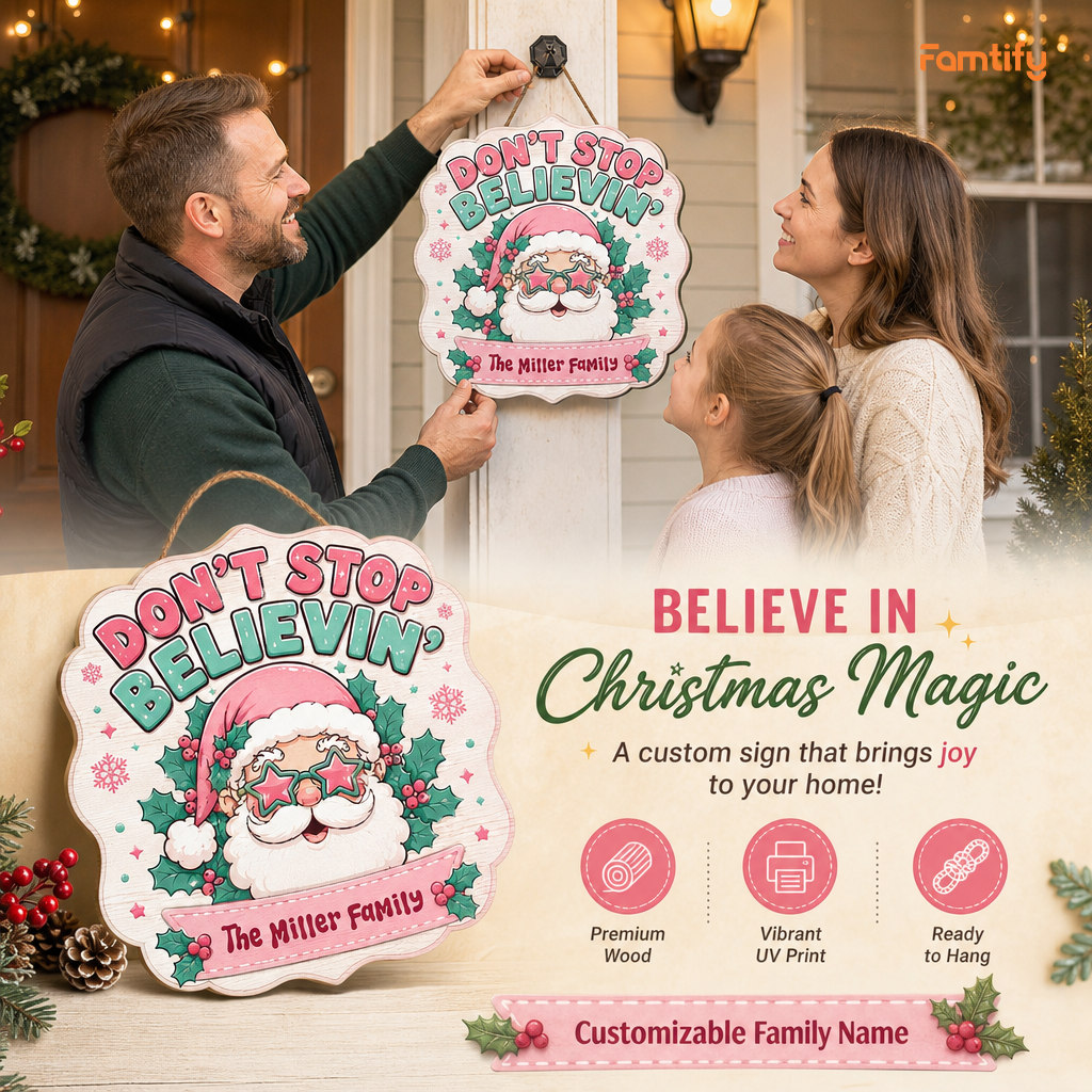 Personalized Don't Stop Believin' Retro Santa Custom Shape Wood Sign, Custom Family Name Pink Santa Star Glasses Wooden Hanging Plaque, Groovy Holiday Door & Wall Decor Family Gift