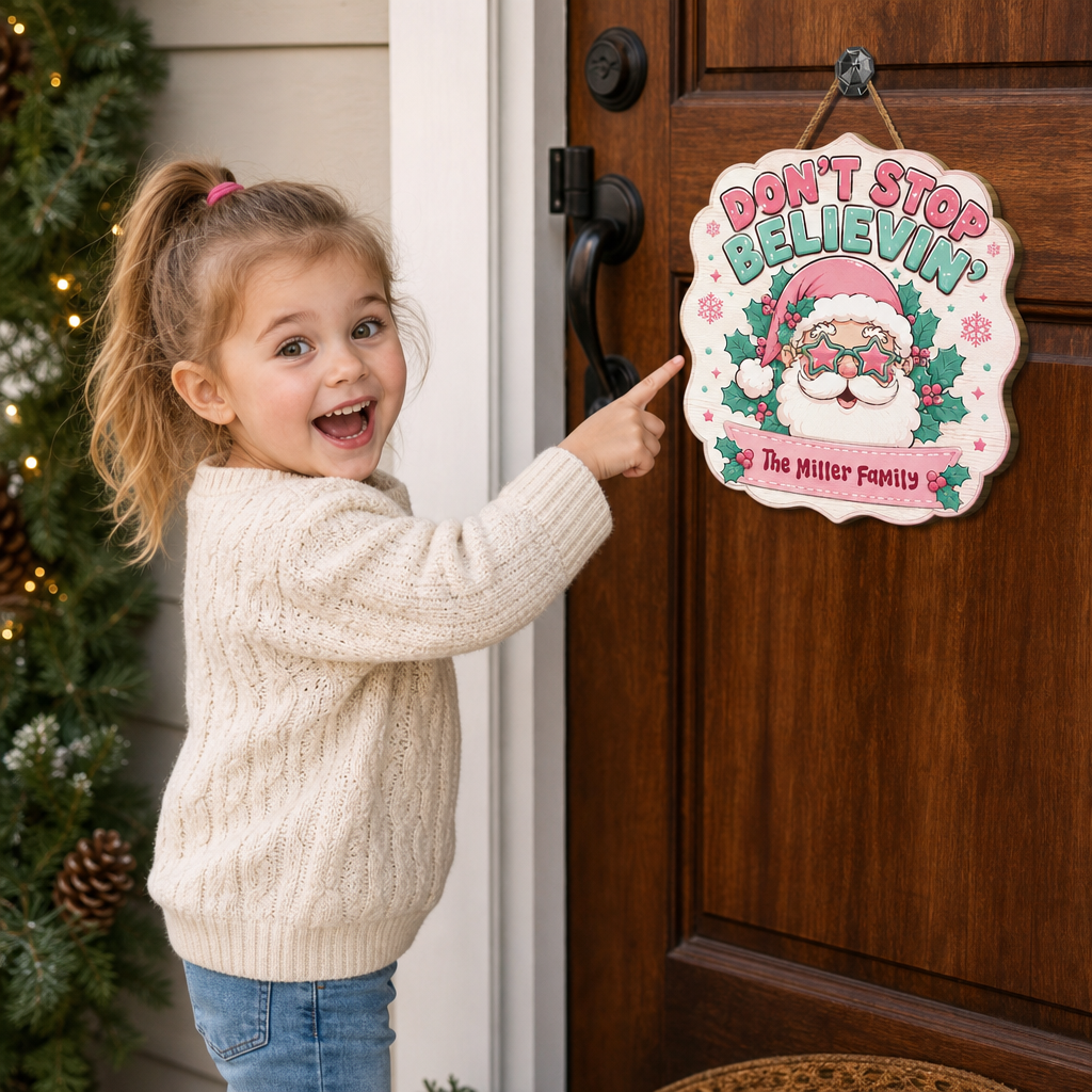 Personalized Don't Stop Believin' Retro Santa Custom Shape Wood Sign, Custom Family Name Pink Santa Star Glasses Wooden Hanging Plaque, Groovy Holiday Door & Wall Decor Family Gift