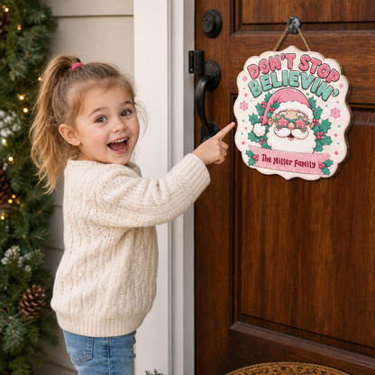 Personalized Don't Stop Believin' Retro Santa Custom Shape Wood Sign, Custom Family Name Pink Santa Star Glasses Wooden Hanging Plaque, Groovy Holiday Door & Wall Decor Family Gift