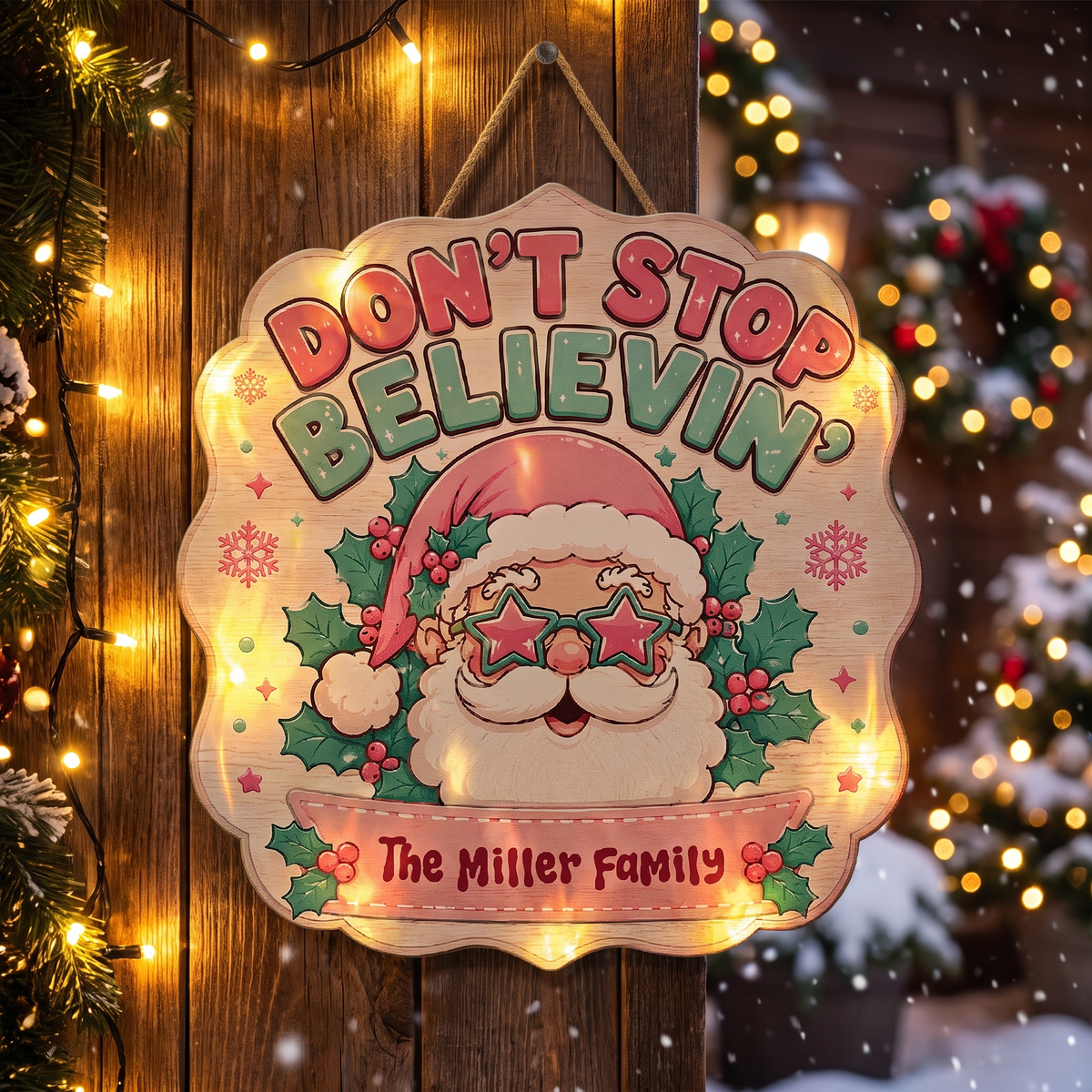 Personalized Don't Stop Believin' Retro Santa Custom Shape Wood Sign, Custom Family Name Pink Santa Star Glasses Wooden Hanging Plaque, Groovy Holiday Door & Wall Decor Family Gift