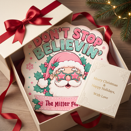Personalized Don't Stop Believin' Retro Santa Custom Shape Wood Sign, Custom Family Name Pink Santa Star Glasses Wooden Hanging Plaque, Groovy Holiday Door & Wall Decor Family Gift