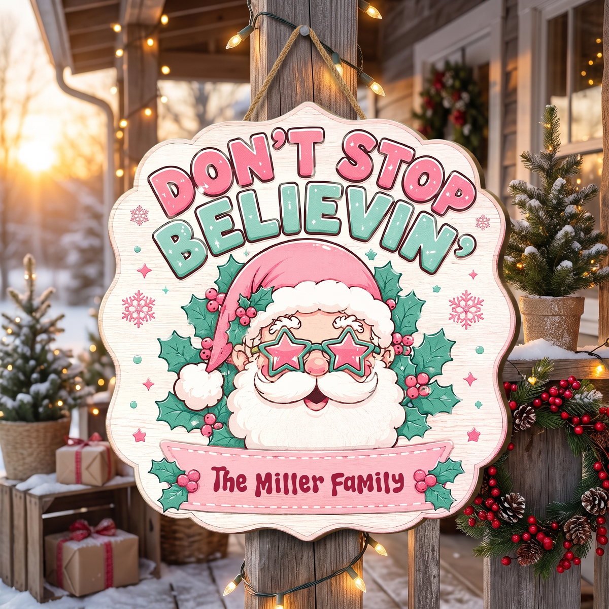 Personalized Don't Stop Believin' Retro Santa Custom Shape Wood Sign, Custom Family Name Pink Santa Star Glasses Wooden Hanging Plaque, Groovy Holiday Door & Wall Decor Family Gift