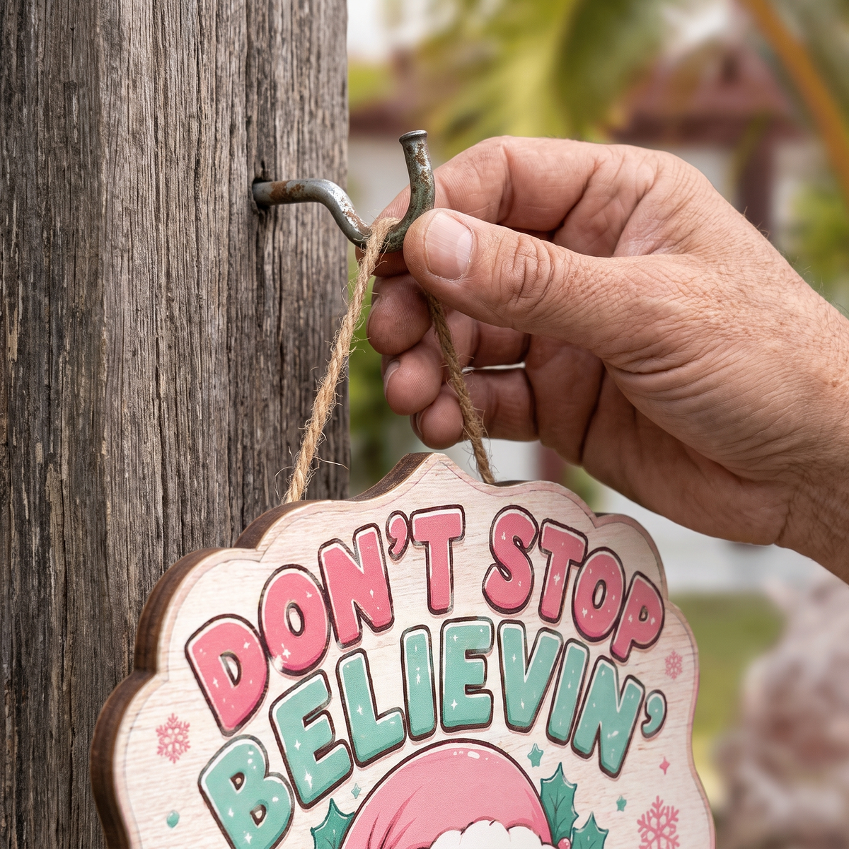 Personalized Don't Stop Believin' Retro Santa Custom Shape Wood Sign, Custom Family Name Pink Santa Star Glasses Wooden Hanging Plaque, Groovy Holiday Door & Wall Decor Family Gift
