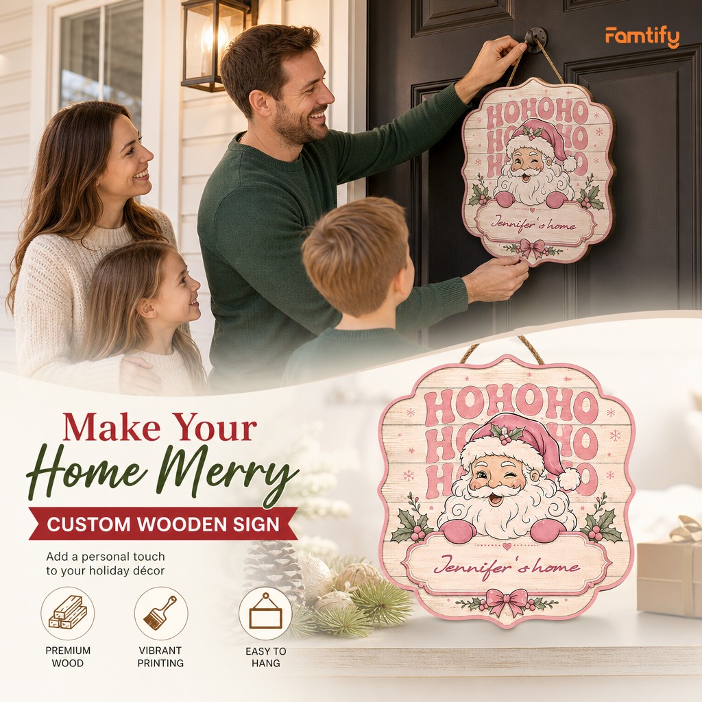Personalized Pink Ho Ho Ho Winking Santa Custom Shape Wood Sign, Custom Family Name Retro Santa Wooden Hanging Plaque, Pastel Christmas Door & Wall Decor Family Gift