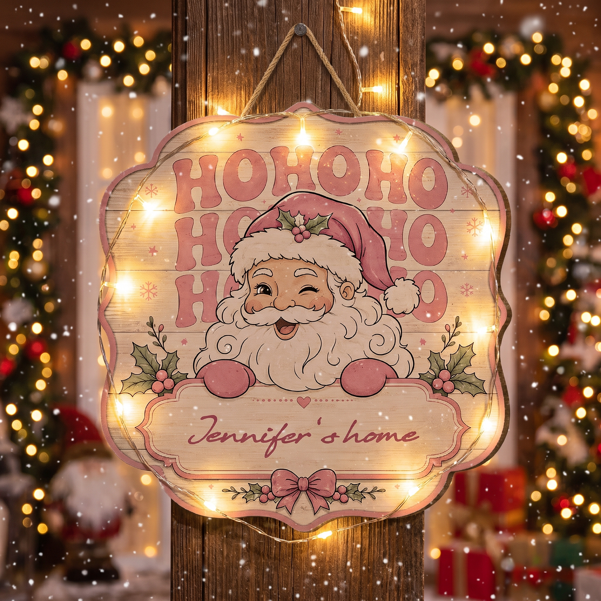 Personalized Pink Ho Ho Ho Winking Santa Custom Shape Wood Sign, Custom Family Name Retro Santa Wooden Hanging Plaque, Pastel Christmas Door & Wall Decor Family Gift