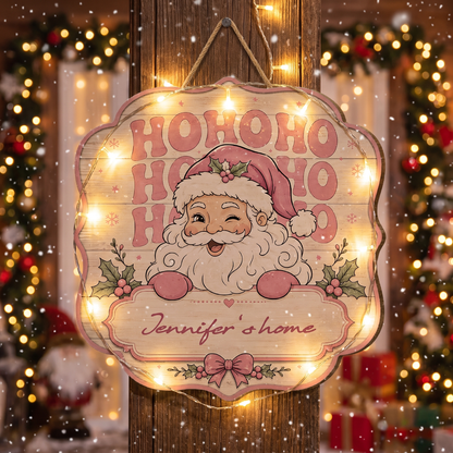 Personalized Pink Ho Ho Ho Winking Santa Custom Shape Wood Sign, Custom Family Name Retro Santa Wooden Hanging Plaque, Pastel Christmas Door & Wall Decor Family Gift