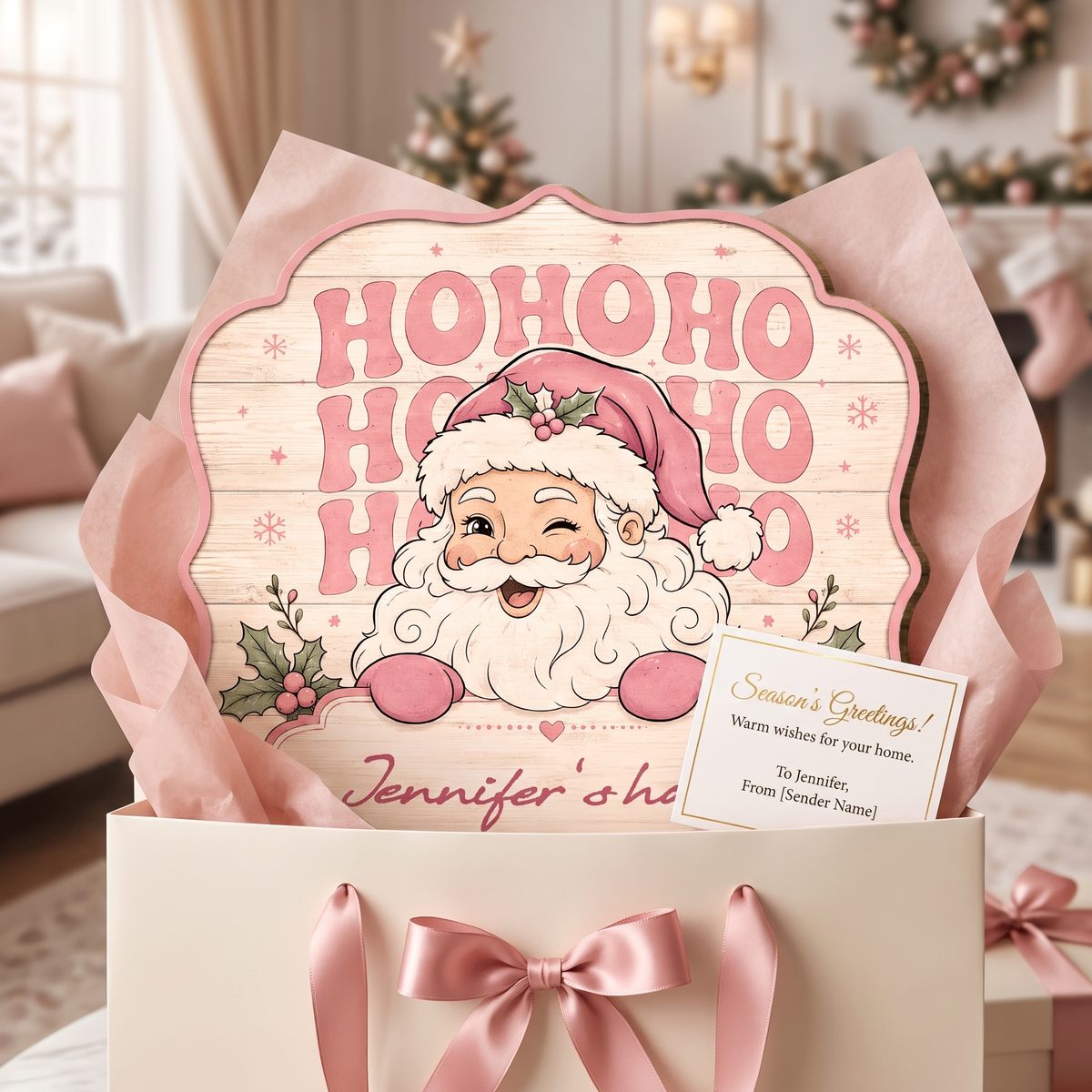 Personalized Pink Ho Ho Ho Winking Santa Custom Shape Wood Sign, Custom Family Name Retro Santa Wooden Hanging Plaque, Pastel Christmas Door & Wall Decor Family Gift