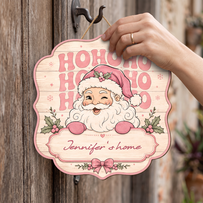 Personalized Pink Ho Ho Ho Winking Santa Custom Shape Wood Sign, Custom Family Name Retro Santa Wooden Hanging Plaque, Pastel Christmas Door & Wall Decor Family Gift