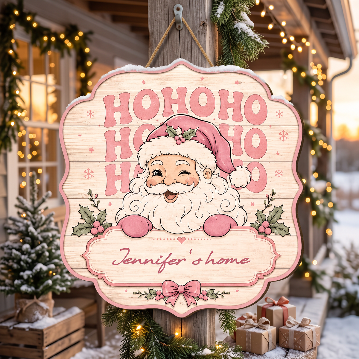 Personalized Pink Ho Ho Ho Winking Santa Custom Shape Wood Sign, Custom Family Name Retro Santa Wooden Hanging Plaque, Pastel Christmas Door & Wall Decor Family Gift