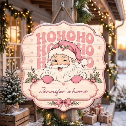 Personalized Pink Ho Ho Ho Winking Santa Custom Shape Wood Sign, Custom Family Name Retro Santa Wooden Hanging Plaque, Pastel Christmas Door & Wall Decor Family Gift