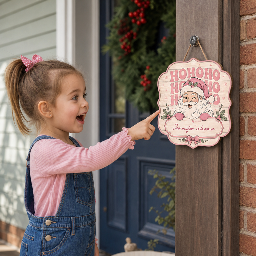 Personalized Pink Ho Ho Ho Winking Santa Custom Shape Wood Sign, Custom Family Name Retro Santa Wooden Hanging Plaque, Pastel Christmas Door & Wall Decor Family Gift