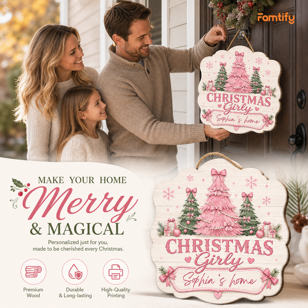 Personalized Christmas Girly Trees Custom Shape Wood Sign, Custom Family Name Pink Coquette Christmas Tree Wooden Hanging Plaque, Pastel Holiday Door & Wall Decor Family Gift