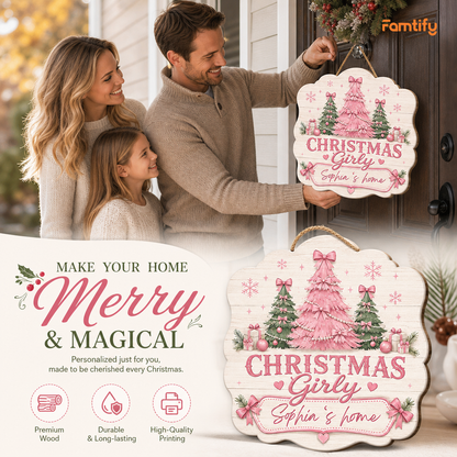 Personalized Christmas Girly Trees Custom Shape Wood Sign, Custom Family Name Pink Coquette Christmas Tree Wooden Hanging Plaque, Pastel Holiday Door & Wall Decor Family Gift