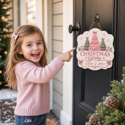 Personalized Christmas Girly Trees Custom Shape Wood Sign, Custom Family Name Pink Coquette Christmas Tree Wooden Hanging Plaque, Pastel Holiday Door & Wall Decor Family Gift