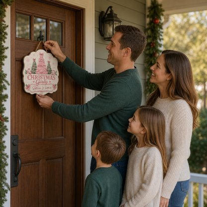 Personalized Christmas Girly Trees Custom Shape Wood Sign, Custom Family Name Pink Coquette Christmas Tree Wooden Hanging Plaque, Pastel Holiday Door & Wall Decor Family Gift
