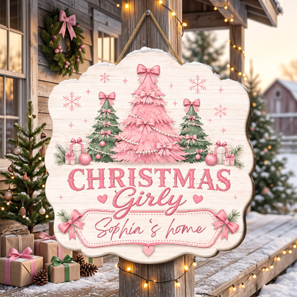 Personalized Christmas Girly Trees Custom Shape Wood Sign, Custom Family Name Pink Coquette Christmas Tree Wooden Hanging Plaque, Pastel Holiday Door & Wall Decor Family Gift