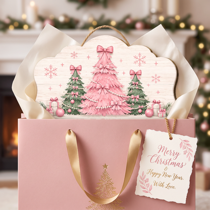 Personalized Christmas Girly Trees Custom Shape Wood Sign, Custom Family Name Pink Coquette Christmas Tree Wooden Hanging Plaque, Pastel Holiday Door & Wall Decor Family Gift