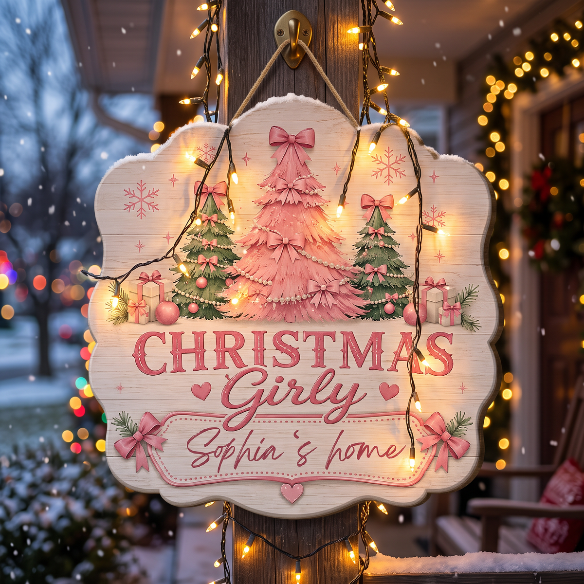 Personalized Christmas Girly Trees Custom Shape Wood Sign, Custom Family Name Pink Coquette Christmas Tree Wooden Hanging Plaque, Pastel Holiday Door & Wall Decor Family Gift