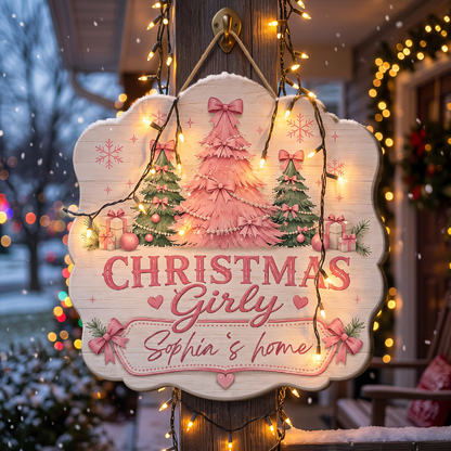 Personalized Christmas Girly Trees Custom Shape Wood Sign, Custom Family Name Pink Coquette Christmas Tree Wooden Hanging Plaque, Pastel Holiday Door & Wall Decor Family Gift